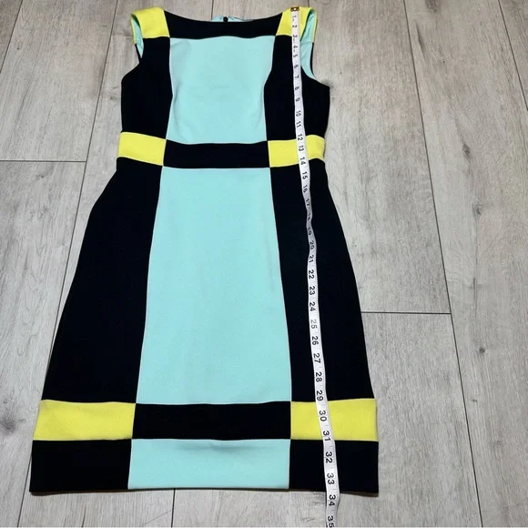 Maggy London Colorblock Sheath Dress Black Aqua Yellow cocktail Modern Chic sz 4 - Picture 2 of 6